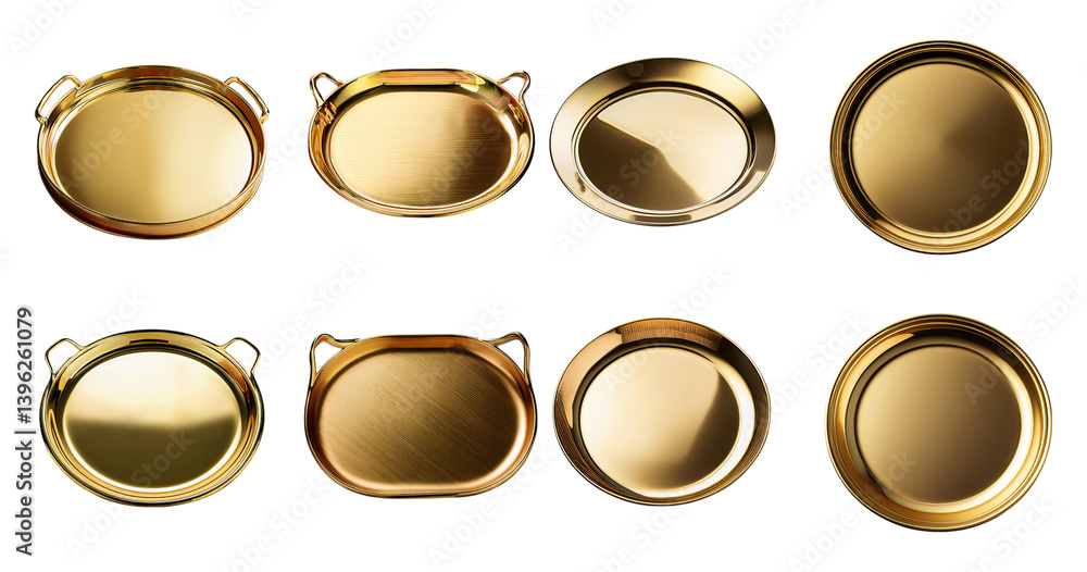 Various Gold Serving Trays with Different Shapes and Designs, PNG bundle collection, Isolated on Transparent Background Various Gold Serving Trays with Different Shapes and Designs, PNG bundle collection, Isolated on Transparent Background