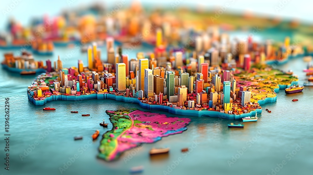 Fototapeta premium Vibrant Metropolis: A Colorful 3D Cityscape on a World Map