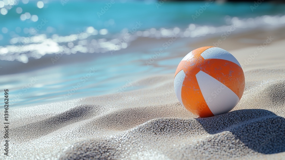 Obraz premium Colorful Beach Ball on Sunlit Sandy Shore with Ocean Waves in Background