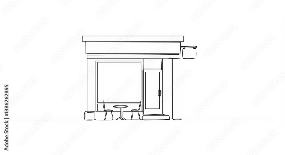 Minimalist continuous line drawing of a quaint coffee shop with sidewalk seating Minimalist continuous line drawing of a quaint coffee shop with sidewalk seating