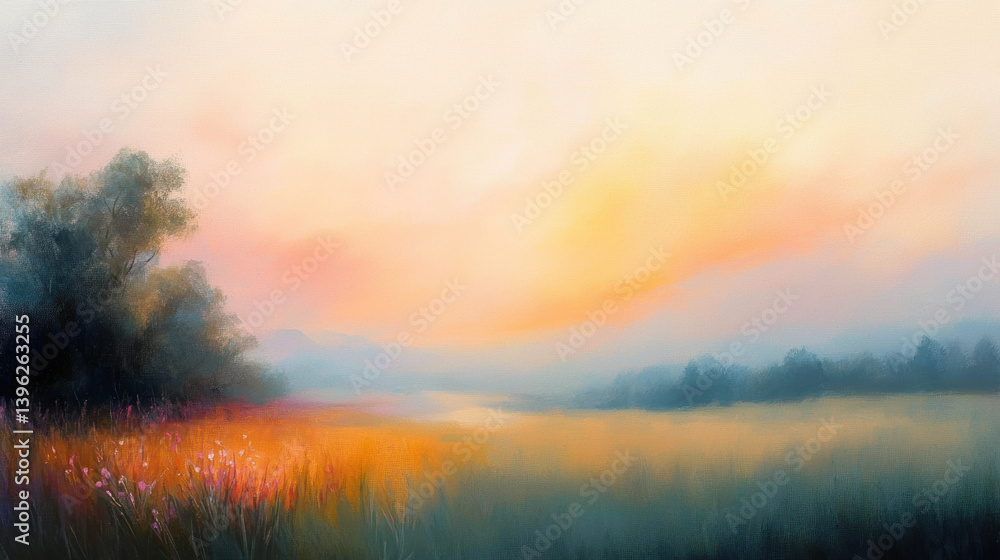 Fototapeta premium dreamy wildflower landscape painting blending soft colors and serene light. tranquil scene evokes sense of peace and beauty.