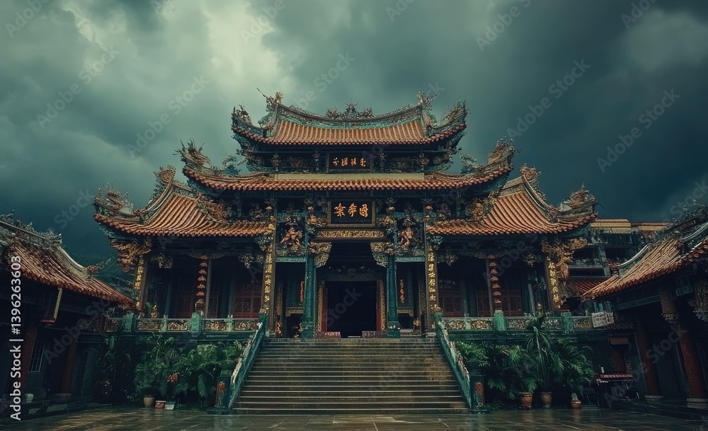 Fototapeta premium Majestic Asian temple under a dramatic sky. Ancient architecture, intricate details, serene atmosphere, grandeur, steeped in history