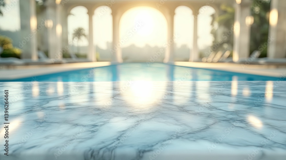 Fototapeta premium A marble tabletop overlooks a sun-drenched poolside oasis.
