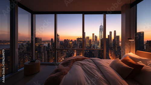 Modern penthouse suite with floor-to-ceiling city skyline views, plush bedding, and warm ambient lighting - Captured in golden hour