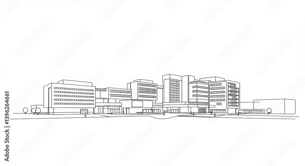 Fototapeta premium Minimalist line drawing showcases a university hospital complex rendering, emphasizing simplicity