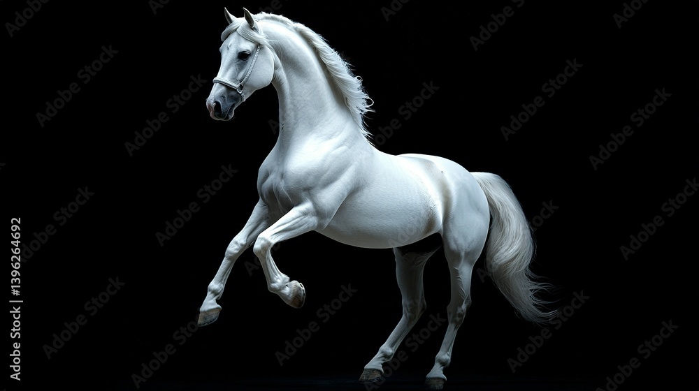 Fototapeta premium A majestic white horse in a dynamic pose against a black backdrop.
