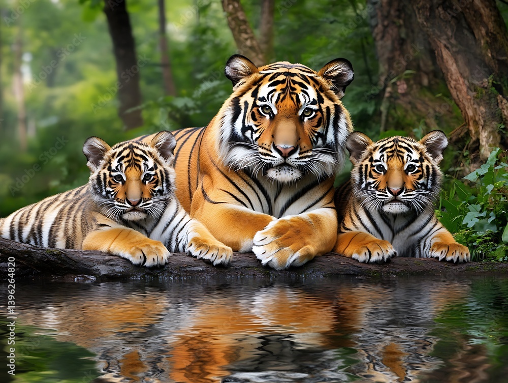 Fototapeta premium Bengal tigers resting in a lush jungle - a serene wildlife photography moment