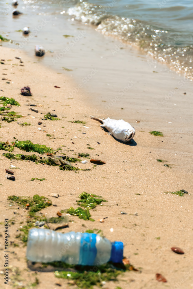A polluted beach with plastic waste and garbage along the coast and dead fish washed ashore is a sign of water pollution on the beach. A polluted beach with plastic waste and garbage along the coast and dead fish washed ashore is a sign of water pollution on the beach.