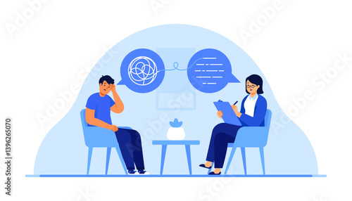 Female psychologist and male patient talking in therapy session. Psychology, mental health support, counseling, emotional wellness concept. Flat vector illustration isolated on white background	