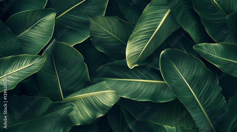Obraz premium A dense arrangement of large dark green leaves with prominent veins creating a natural pattern