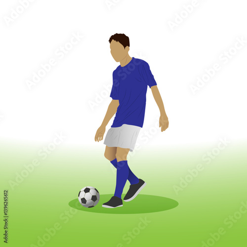 Soccer, Football or Futsal player is kicking the ball wearing a blue shirt. vector illustration.