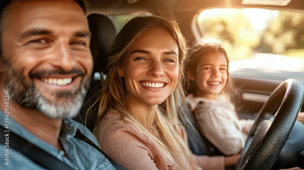 A happy family enjoys a car ride together. A happy family enjoys a car ride together.