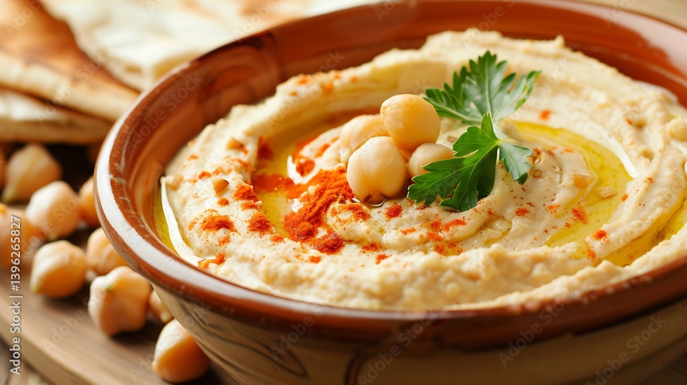 Zesty lemon garlic hummus a minimalist bowl smooth and rich garnished with paprika and chickpeas served with pita bread Zesty lemon garlic hummus a minimalist bowl smooth and rich garnished with paprika and chickpeas served with pita bread