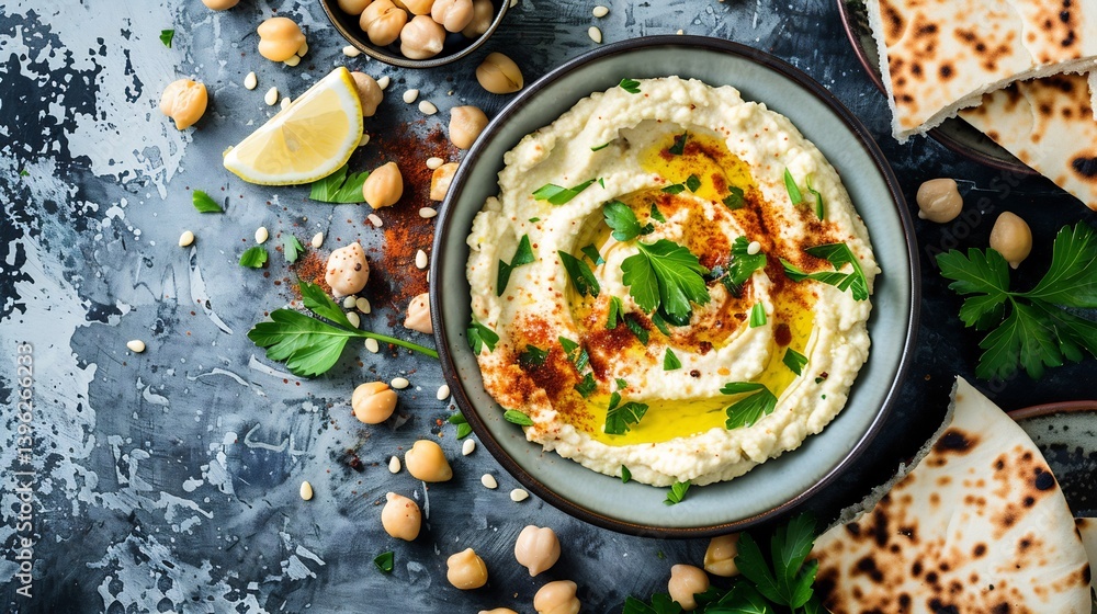 Zesty lemon garlic hummus a minimalist bowl smooth and rich garnished with paprika and chickpeas served with pita bread Zesty lemon garlic hummus a minimalist bowl smooth and rich garnished with paprika and chickpeas served with pita bread