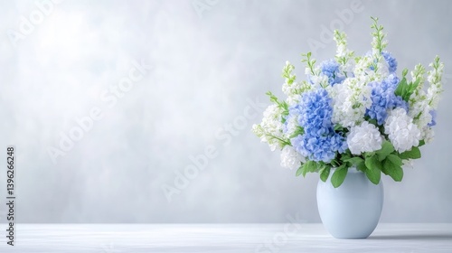 Light blue and white floral arrangement in a vase