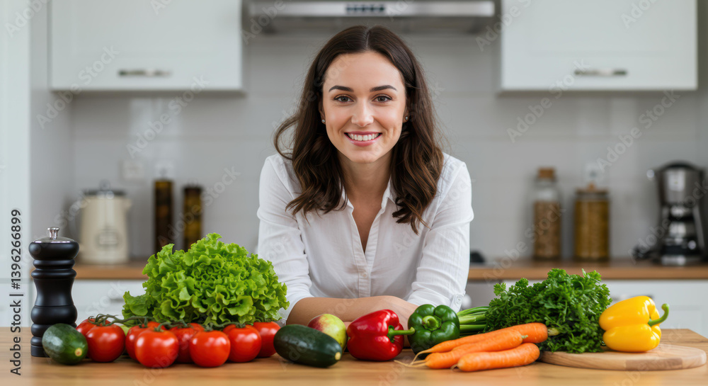 A cheerful woman stands in a modern kitchen filled with fresh vegetables like tomatoes, lettuce, cucumbers, and carrots. She appears excited to cook something healthy and delicious A cheerful woman stands in a modern kitchen filled with fresh vegetables like tomatoes, lettuce, cucumbers, and carrots. She appears excited to cook something healthy and delicious
