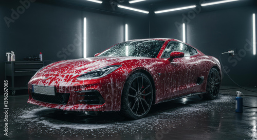 A sleek red sports car is covered in soap as it undergoes a thorough cleaning in a contemporary detailing garage. Bright lights enhance the shiny surfaces and create an inviting atmosphere