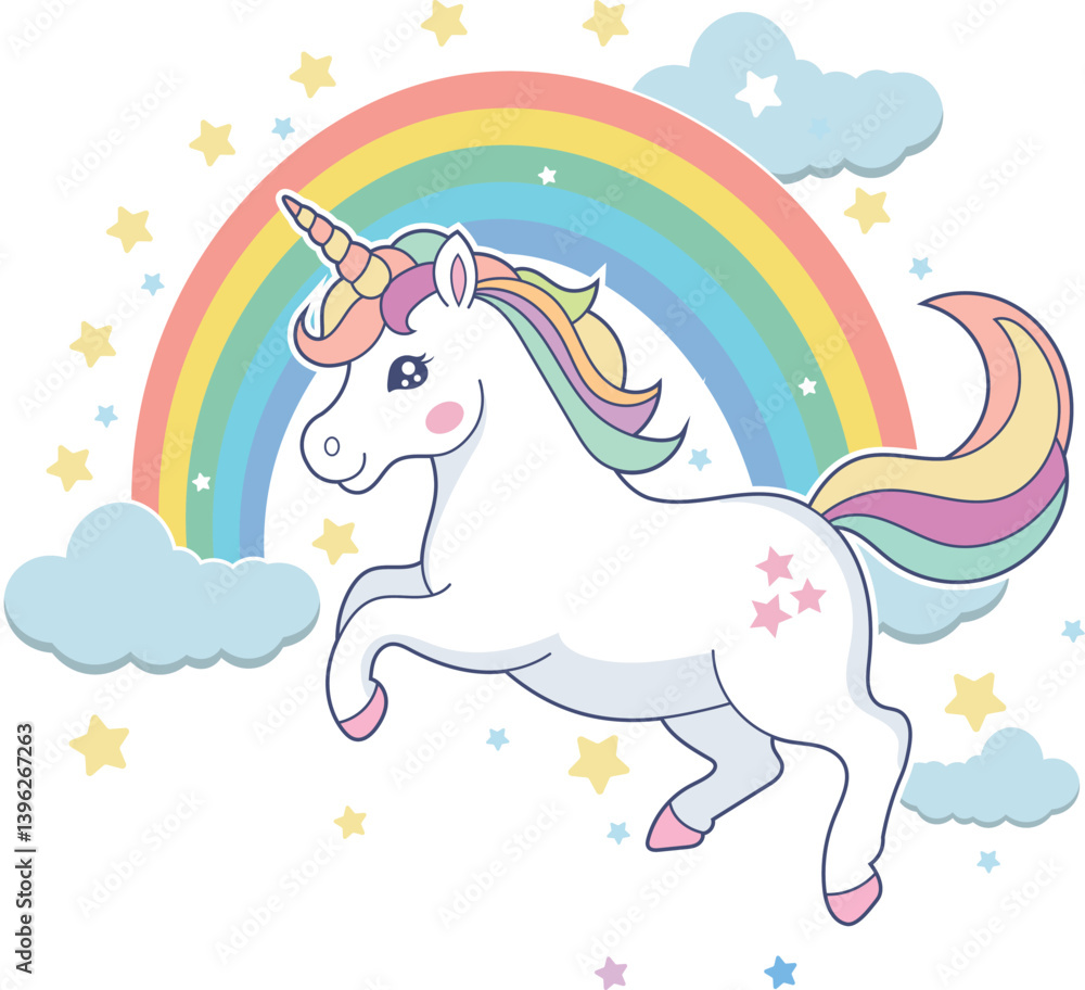 Fototapeta premium Adorable Baby Unicorn Cartoon Vector Artwork Illustration for Children – Perfect for T-Shirt Design, Birthday Cards, Stickers, and Nursery Decor 