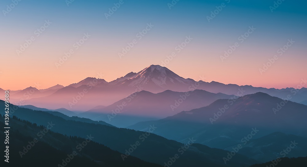Obraz premium Mountain range silhouette at sunrise with gradient colors - tranquility and peace - travel photography or landscape blogs