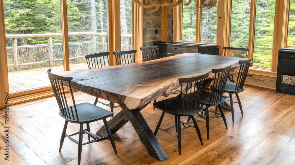 Canadian dining table with wide plank top and unique cross-leg base, surrounded by six custom chairs Canadian dining table with wide plank top and unique cross-leg base, surrounded by six custom chairs
