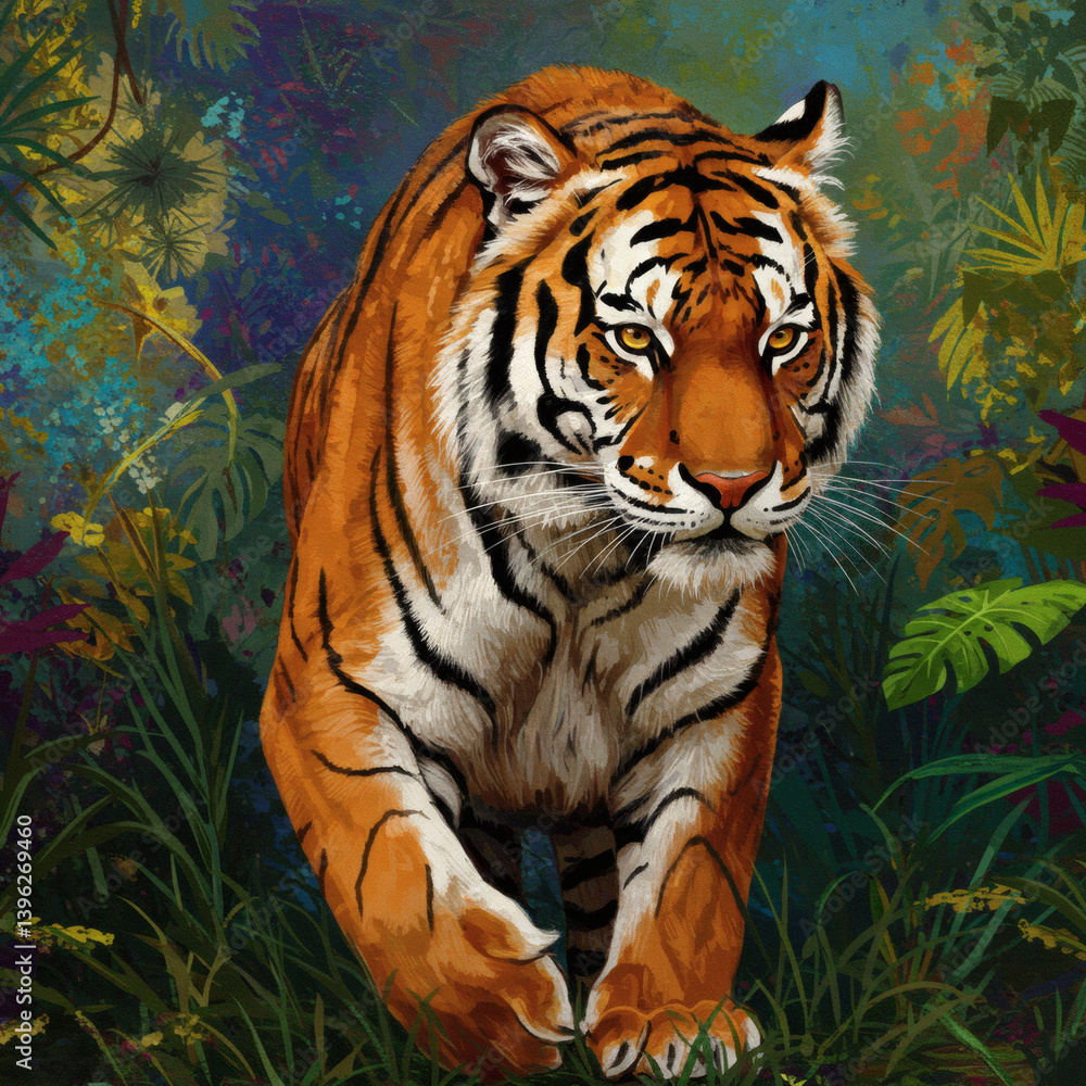Obraz premium Majestic Tiger in Lush Tropical Jungle A Stunning Wildlife Illustration