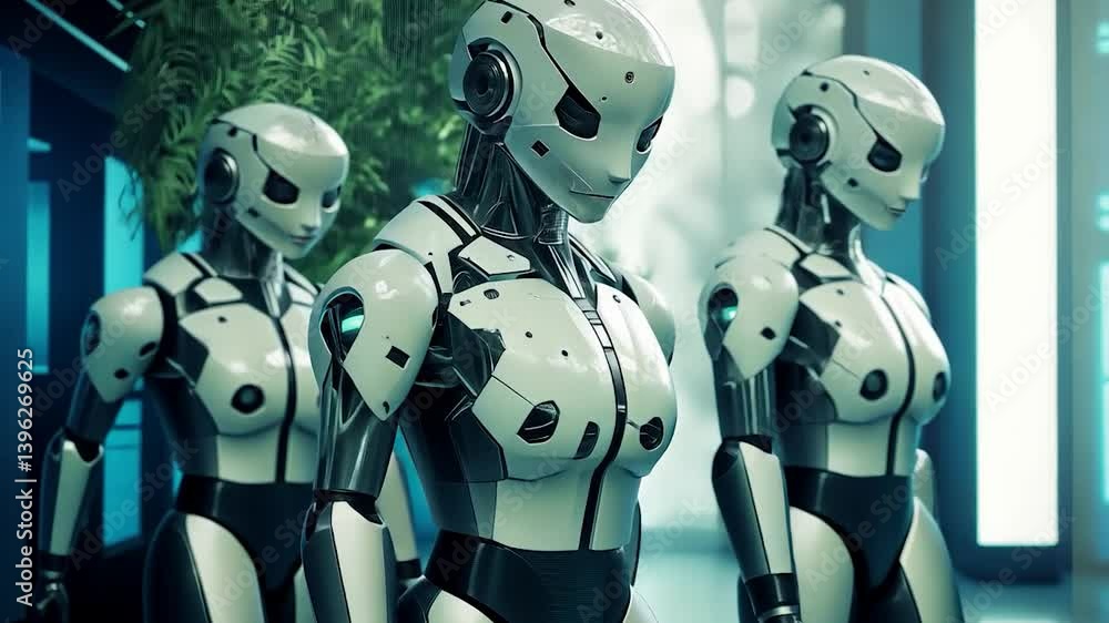 Futuristic humanoid robots standing in a modern environment with greenery in the background