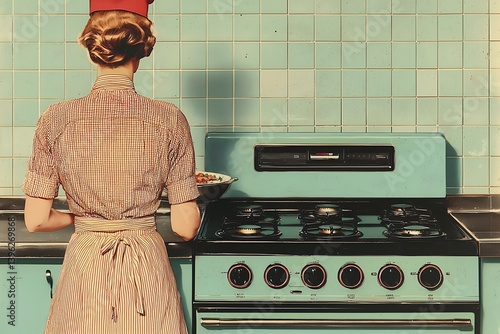 Woman in Retro Dress Cooking on Teal Gas Stove in Vintage Kitchen