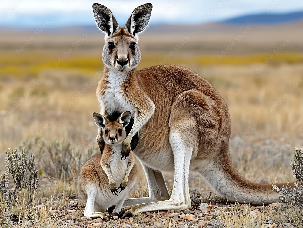 Mother kangaroo nurturing joey in the australian outback close-up wildlife photography Mother kangaroo nurturing joey in the australian outback close-up wildlife photography