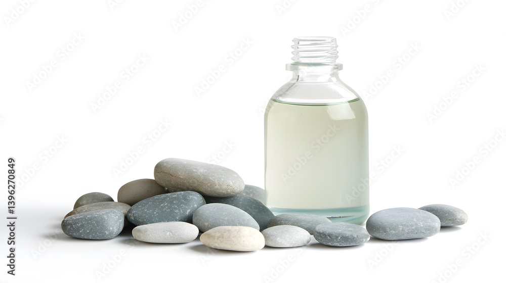 Serene Essence: A glass bottle filled with a clear liquid, set beside a cluster of smooth stones. An image that evokes tranquility and a sense of peace. Serene Essence: A glass bottle filled with a clear liquid, set beside a cluster of smooth stones. An image that evokes tranquility and a sense of peace.