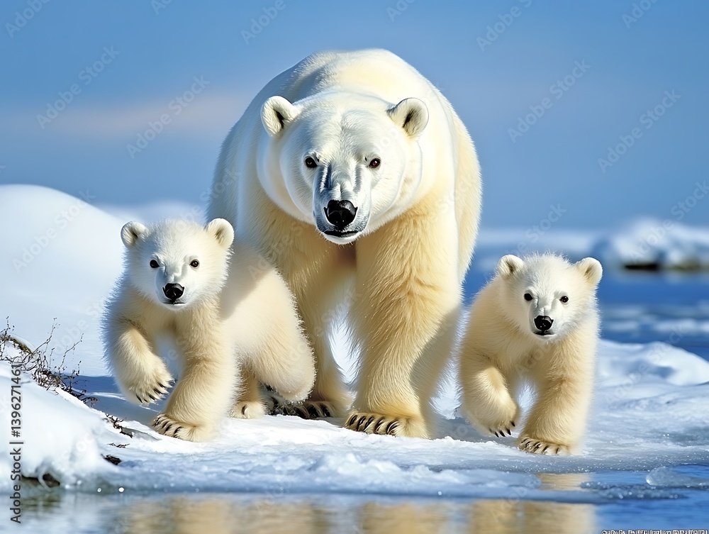 Nurturing bond polar bear mother guides cubs on arctic ice journey in wildlife photography Nurturing bond polar bear mother guides cubs on arctic ice journey in wildlife photography