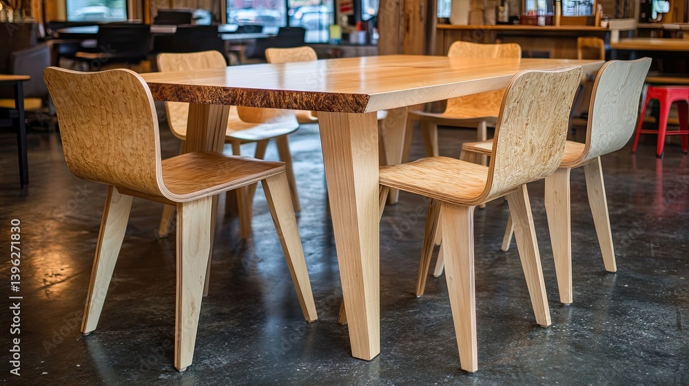 Mid-century inspired Canadian maple table with tapered legs and contoured wood chairs Mid-century inspired Canadian maple table with tapered legs and contoured wood chairs