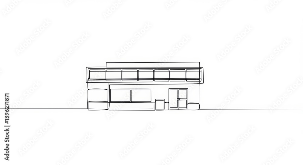 Minimalist one-line drawing of a convenience store exterior against white background Minimalist one-line drawing of a convenience store exterior against white background