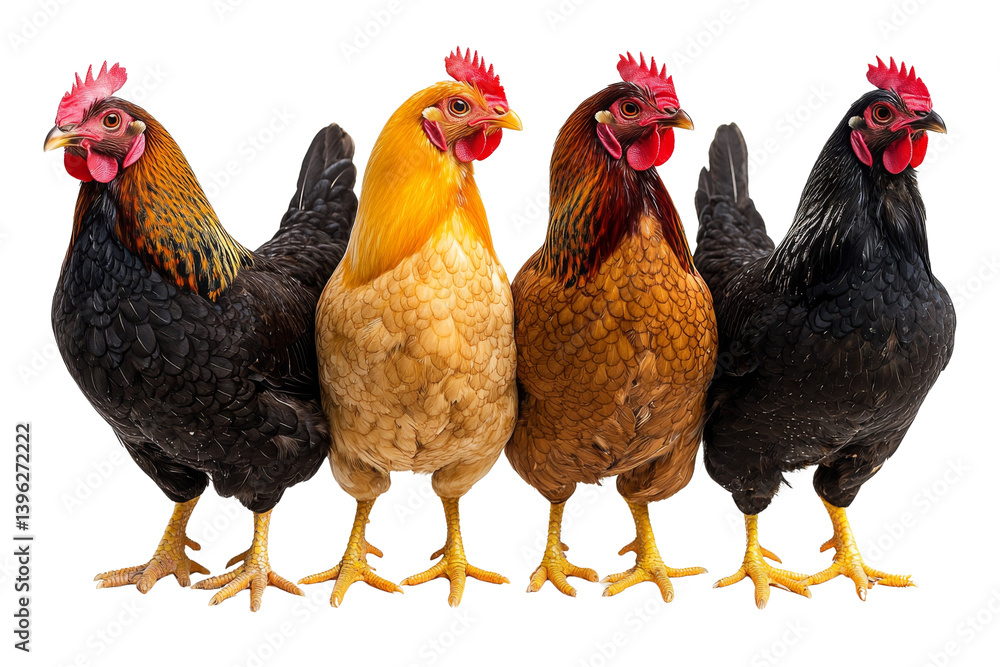Fototapeta premium A quartet of colorful chickens stand side by side showcasing a range of vibrant plumage variations