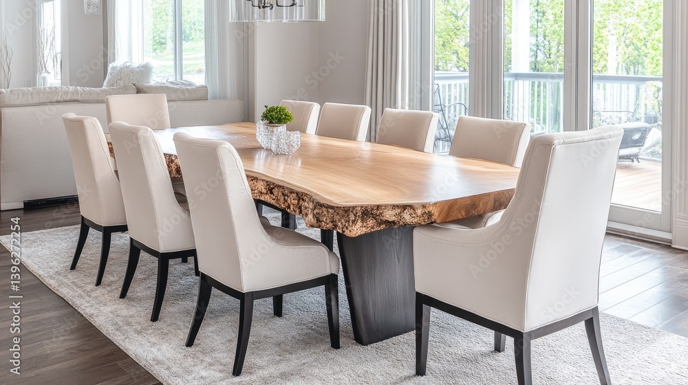 Natural edge dining table made from Canadian maple with matching high-back chairs Natural edge dining table made from Canadian maple with matching high-back chairs