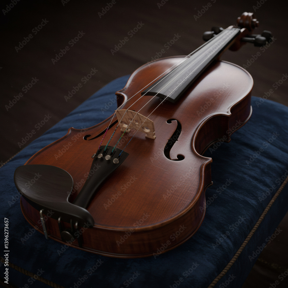 Fototapeta premium Exquisite Antique Violin A Masterpiece of Musical Craftsmanship, Richly Detailed and Beautifully Crafted, Resplendent in Deep Brown Varnish, Resting on a Plush Blue Cushion