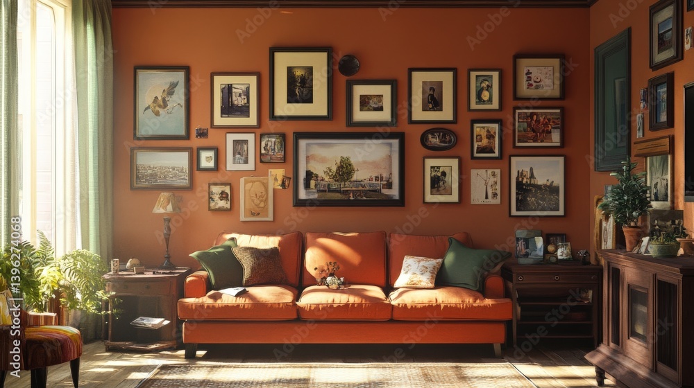 Fototapeta premium A cozy living room displaying numerous framed art pieces