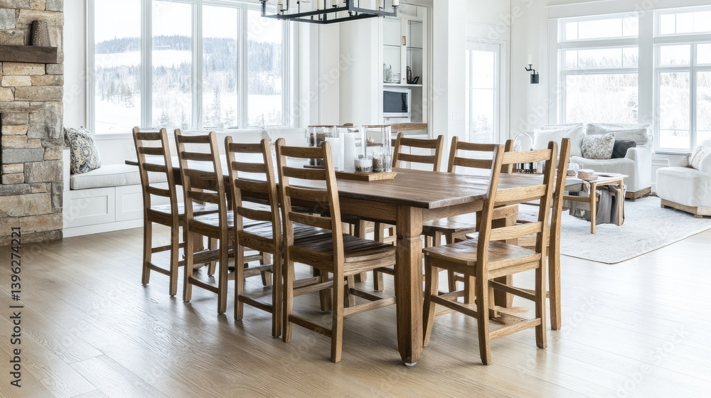 Timeless Canadian oak table set with ladder-back chairs in a bright, airy dining space Timeless Canadian oak table set with ladder-back chairs in a bright, airy dining space