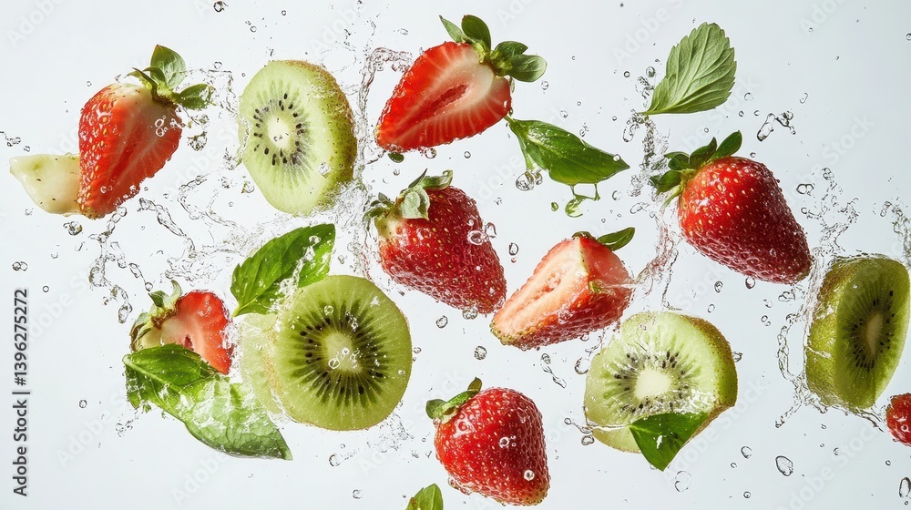 Flying Bijin-Hime strawberries and kiwi slices, with splashes of juice, water droplets, and leaves floating against a white background Flying Bijin-Hime strawberries and kiwi slices, with splashes of juice, water droplets, and leaves floating against a white background