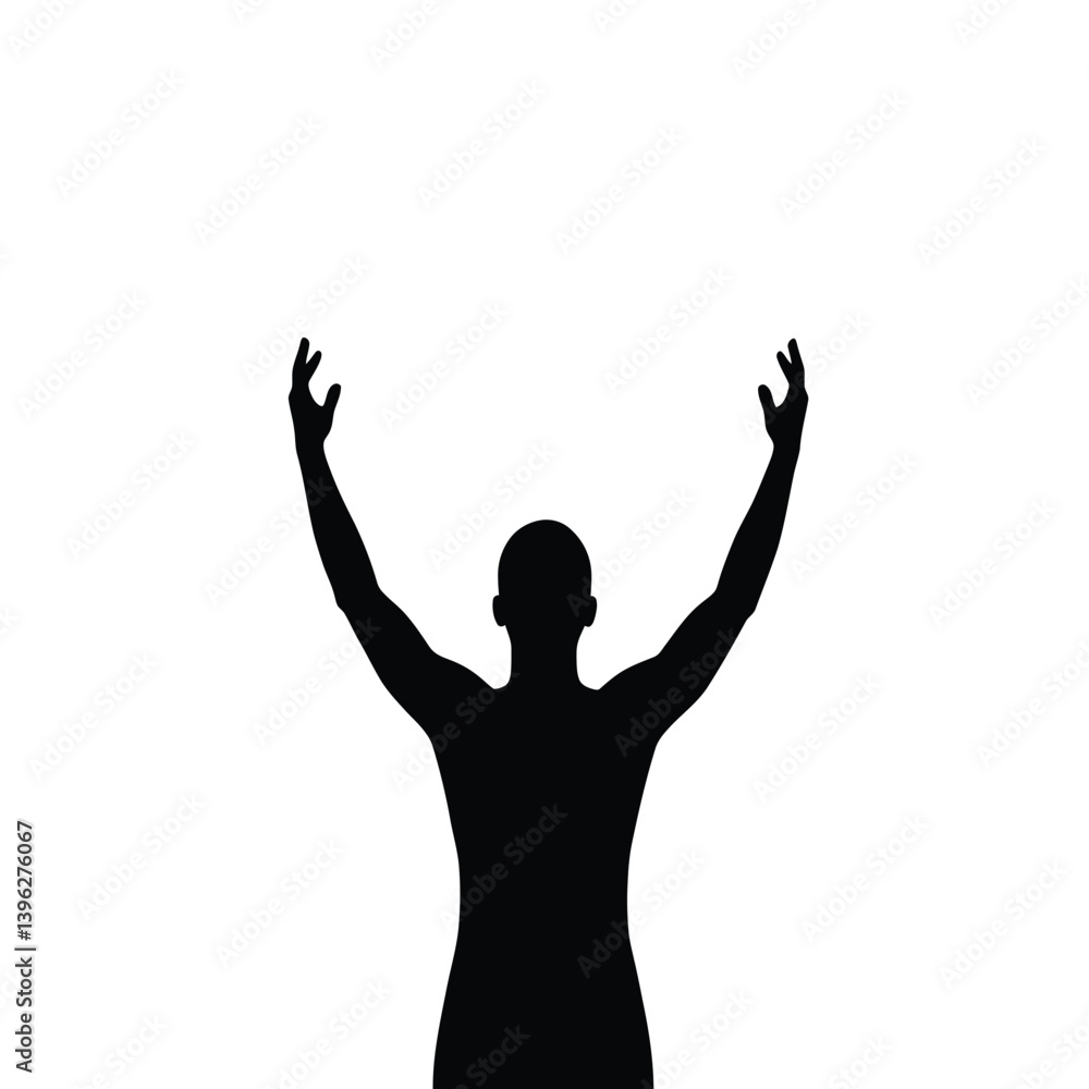 Black Silhouette Of A Person With Arms Raised In Worshipful Gesture. Black Silhouette Of A Person With Arms Raised In Worshipful Gesture.