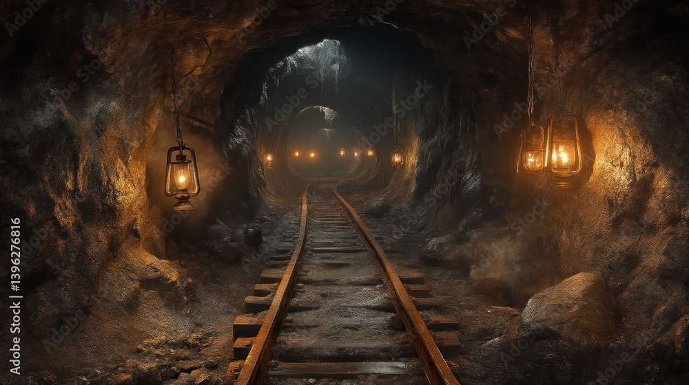 Naklejka premium Dark Mine Tunnel with Railroad Tracks and Hanging Lanterns