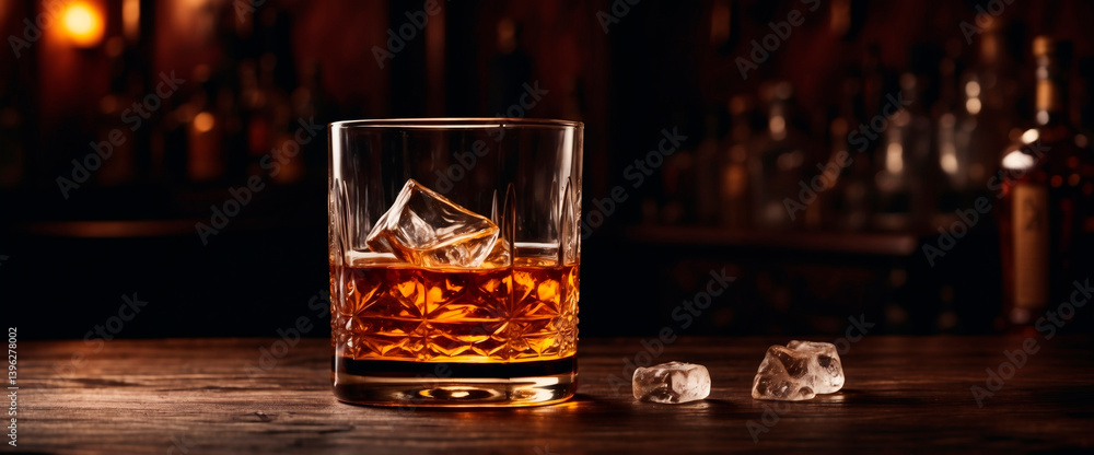Enjoying a glass of whiskey with ice at a rustic bar during the evening Generative AI Enjoying a glass of whiskey with ice at a rustic bar during the evening Generative AI