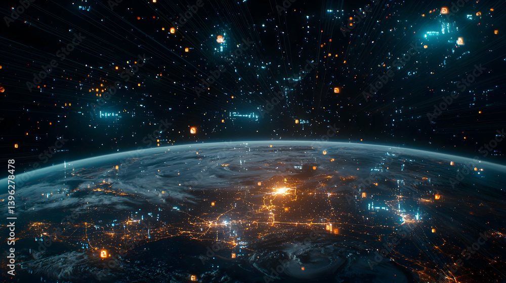 Obraz premium Digital Representation Of Earth At Night With Glowing Lights And Data Network