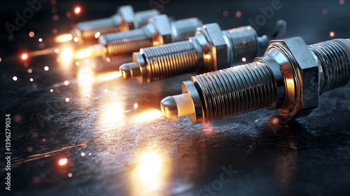 High Performance Spark Plugs Ignition System Powerful Engine Automotive Parts Metal Technology Closeup Detailed Powerful Energy Efficient Reliable    