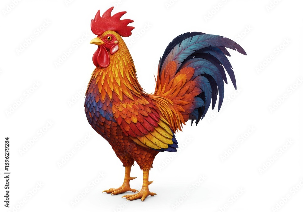 Fototapeta premium A colorful rooster standing up isolated on white background