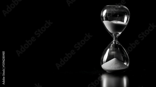 Elegant Glass Hourglass Time Sand Black Background Studio Shot Still Life Photography Time Passing Concept Image Minimalist Design Hourglass Sand     