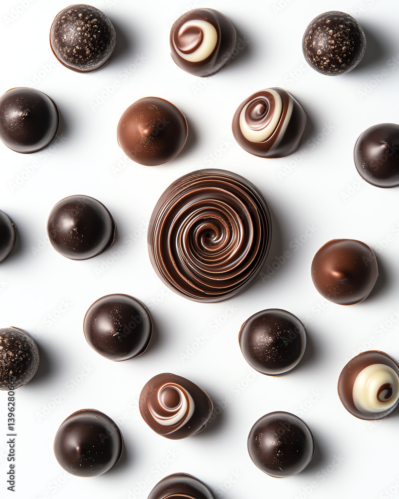 Assorted chocolate candies arranged artistically on white background, showcasing rich textures and flavors. Assorted chocolate candies arranged artistically on white background, showcasing rich textures and flavors.
