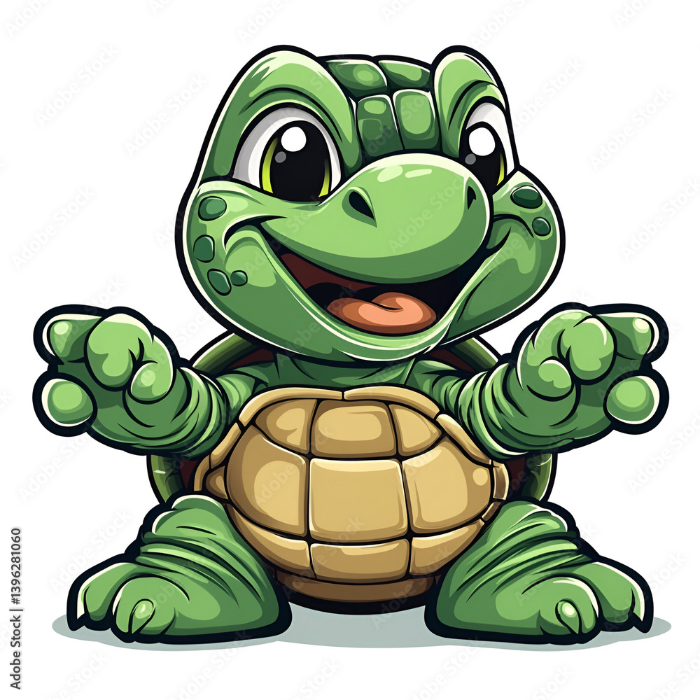 Fototapeta premium Playful Cartoon Turtle Character Smiling and Waving with Green Shell and Friendly Expression Against a Transparent Background