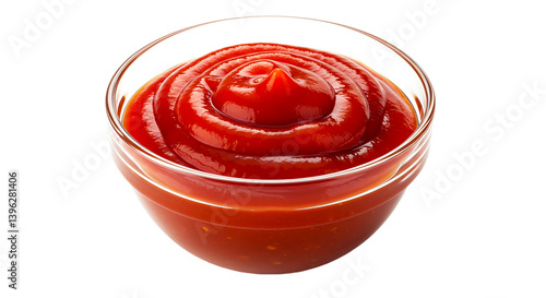 A clear glass bowl filled with a generous serving of bright red ketchup on a black background space