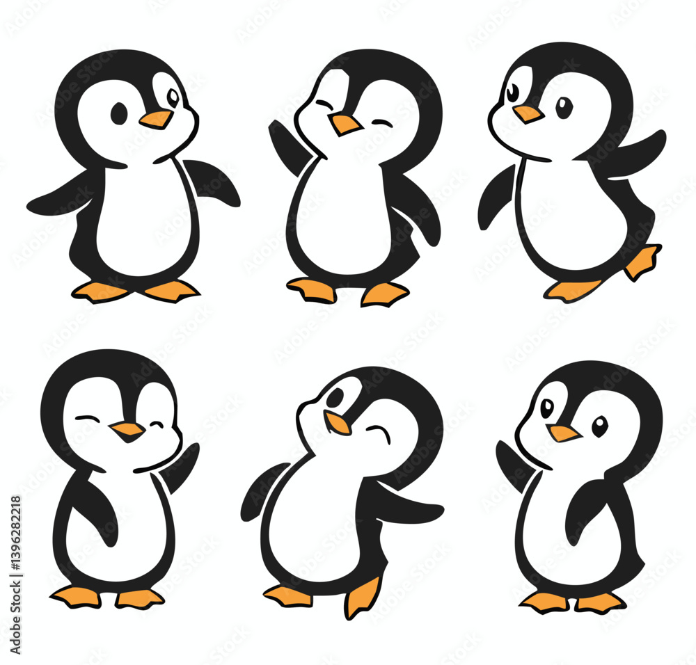 Obraz premium Cute and Silhouette Penguin Vector Set – Cartoon Baby Penguins in Various Poses and Black and White Icons for Kids, Winter, and Wildlife Design.