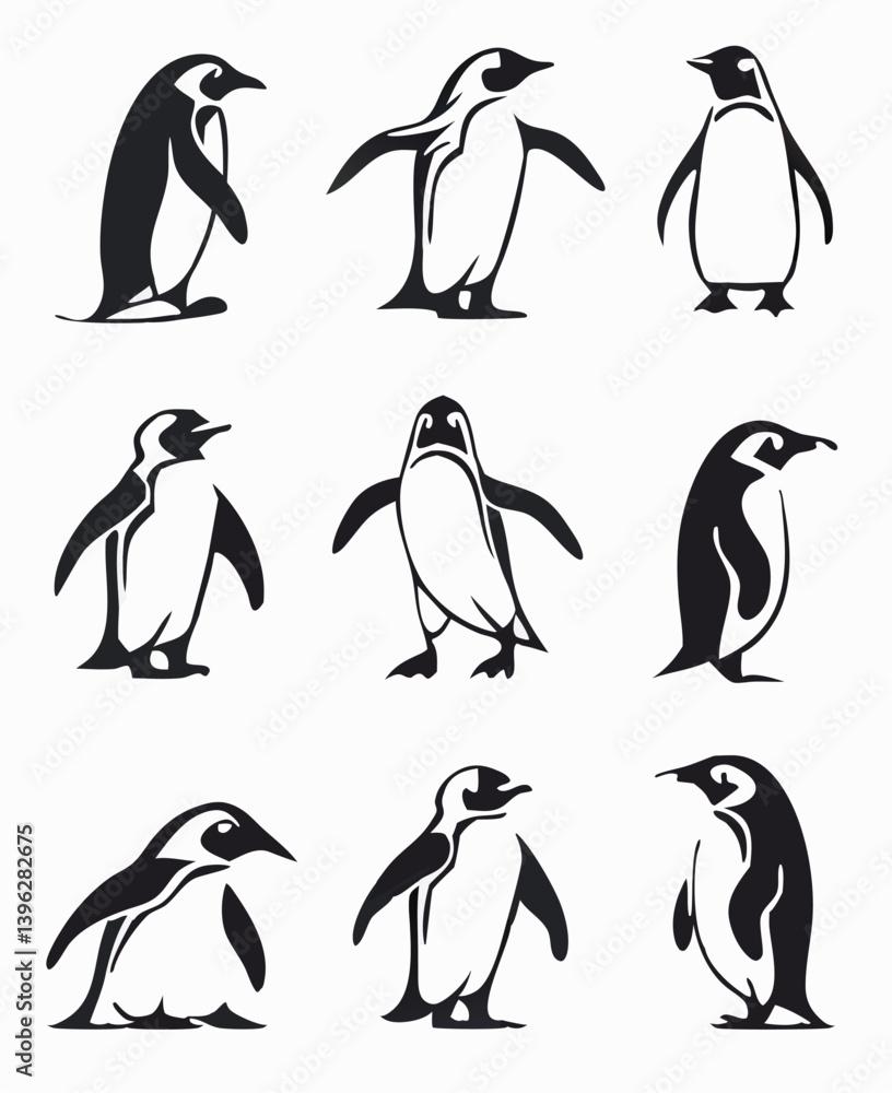 Obraz premium Cute and Silhouette Penguin Vector Set – Cartoon Baby Penguins in Various Poses and Black and White Icons for Kids, Winter, and Wildlife Design.